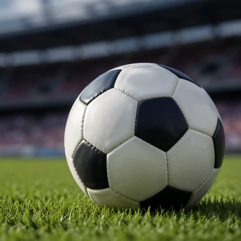 Close-up shot of a classic black and white football resting on green grass, blur