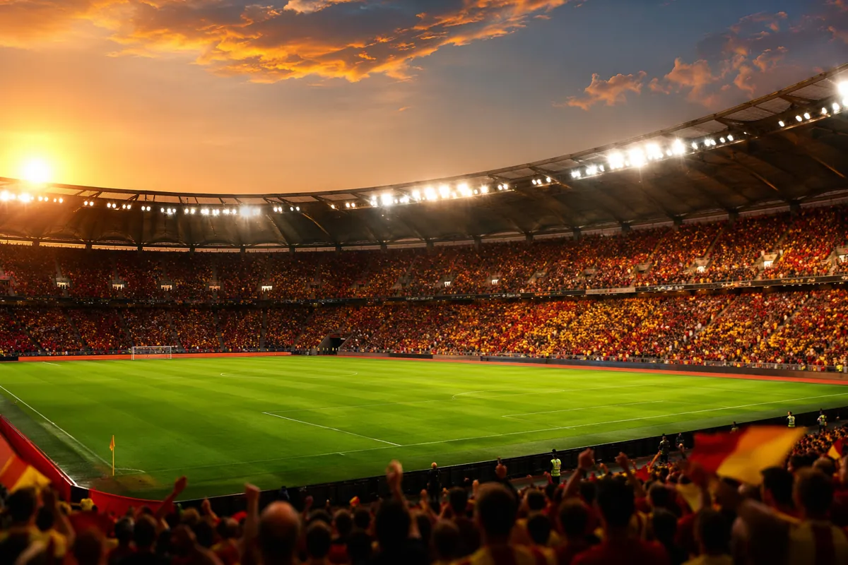 Wide shot of a professional soccer stadium during golden hour, empty green pitch in the fo