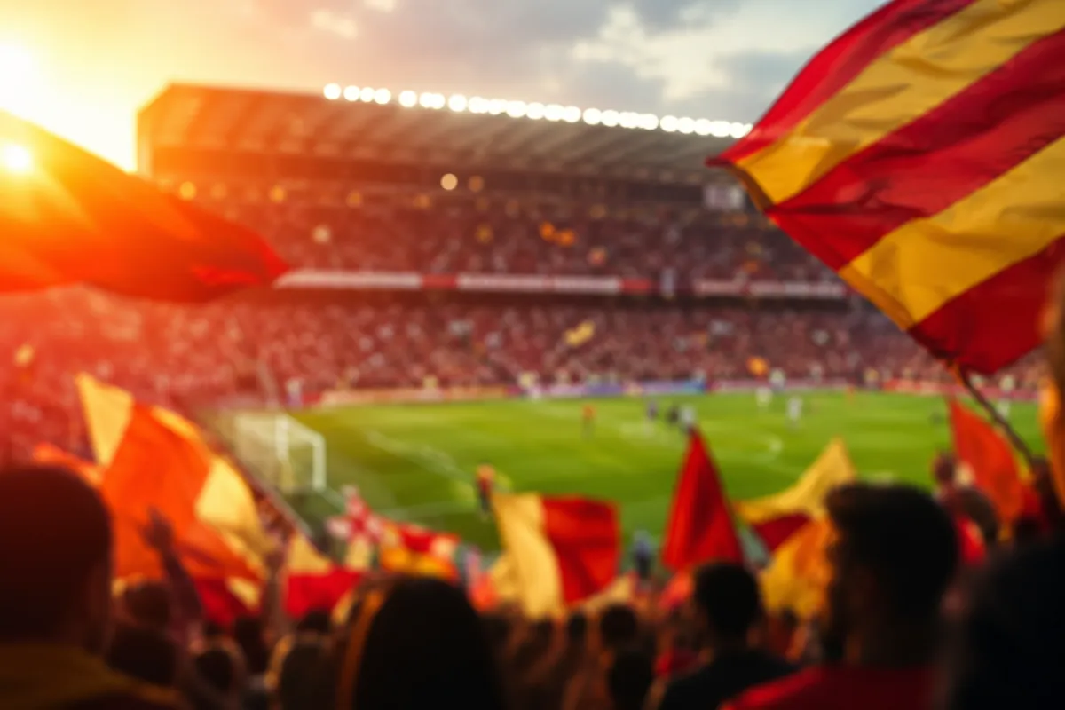 Professional sports news header image, blurred view of a soccer stadium with red and yello