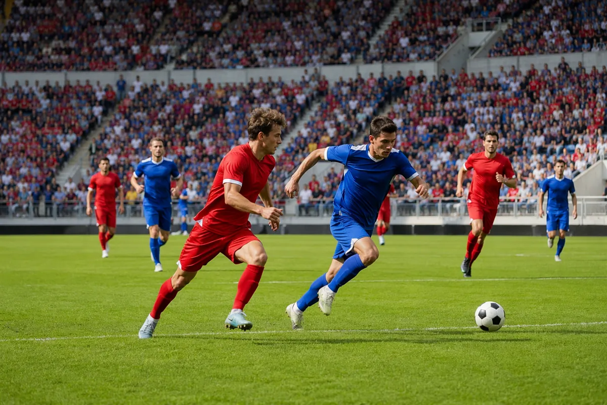 Wide shot of a vibrant international football match, two teams in generic red and blue kit