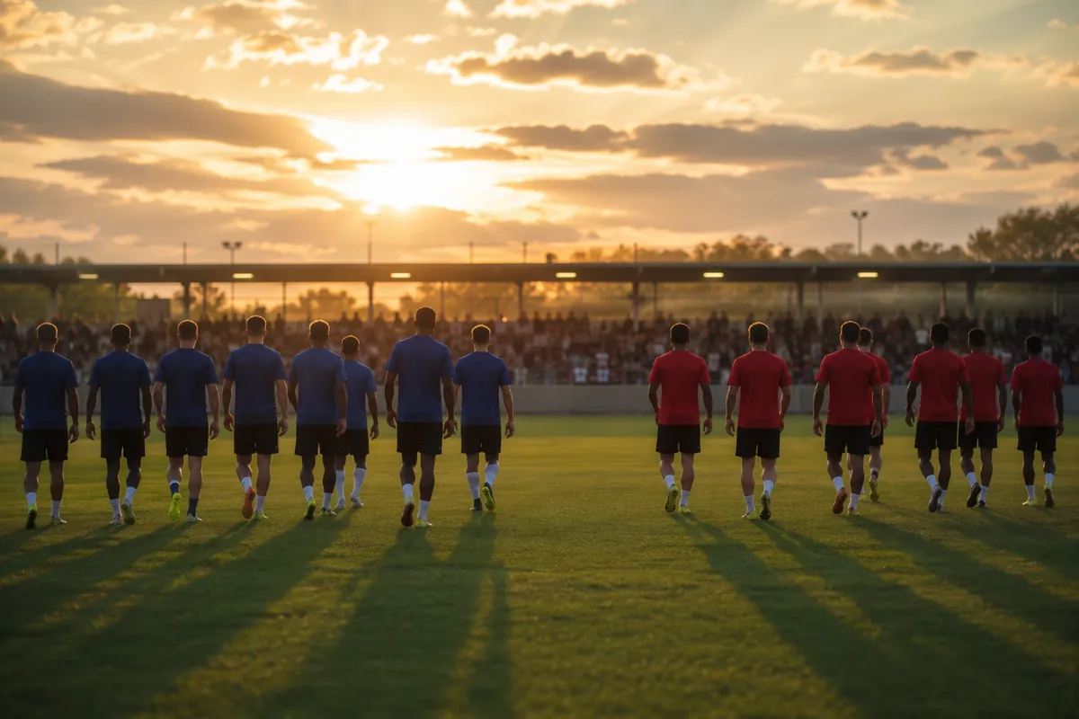 Wide shot of a professional football training ground at dusk, two groups of players in gen