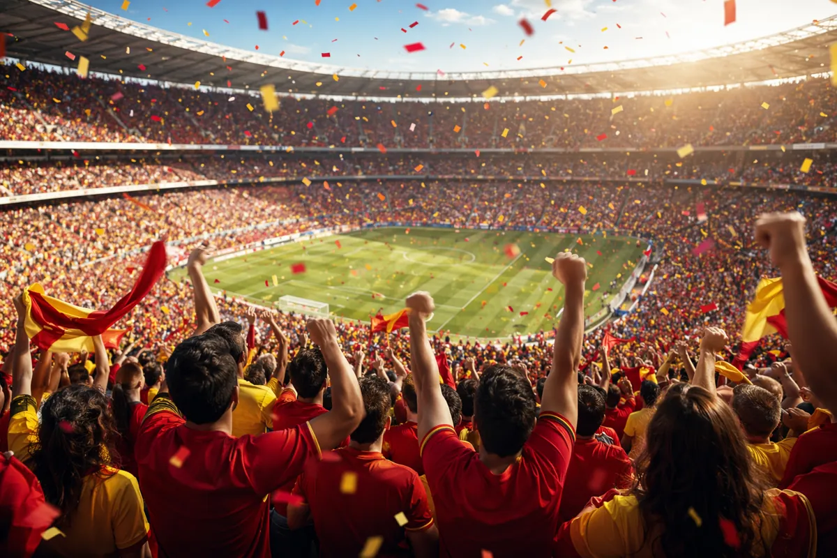 Editorial style sports header image, wide shot of a vibrant football stadium during a Worl