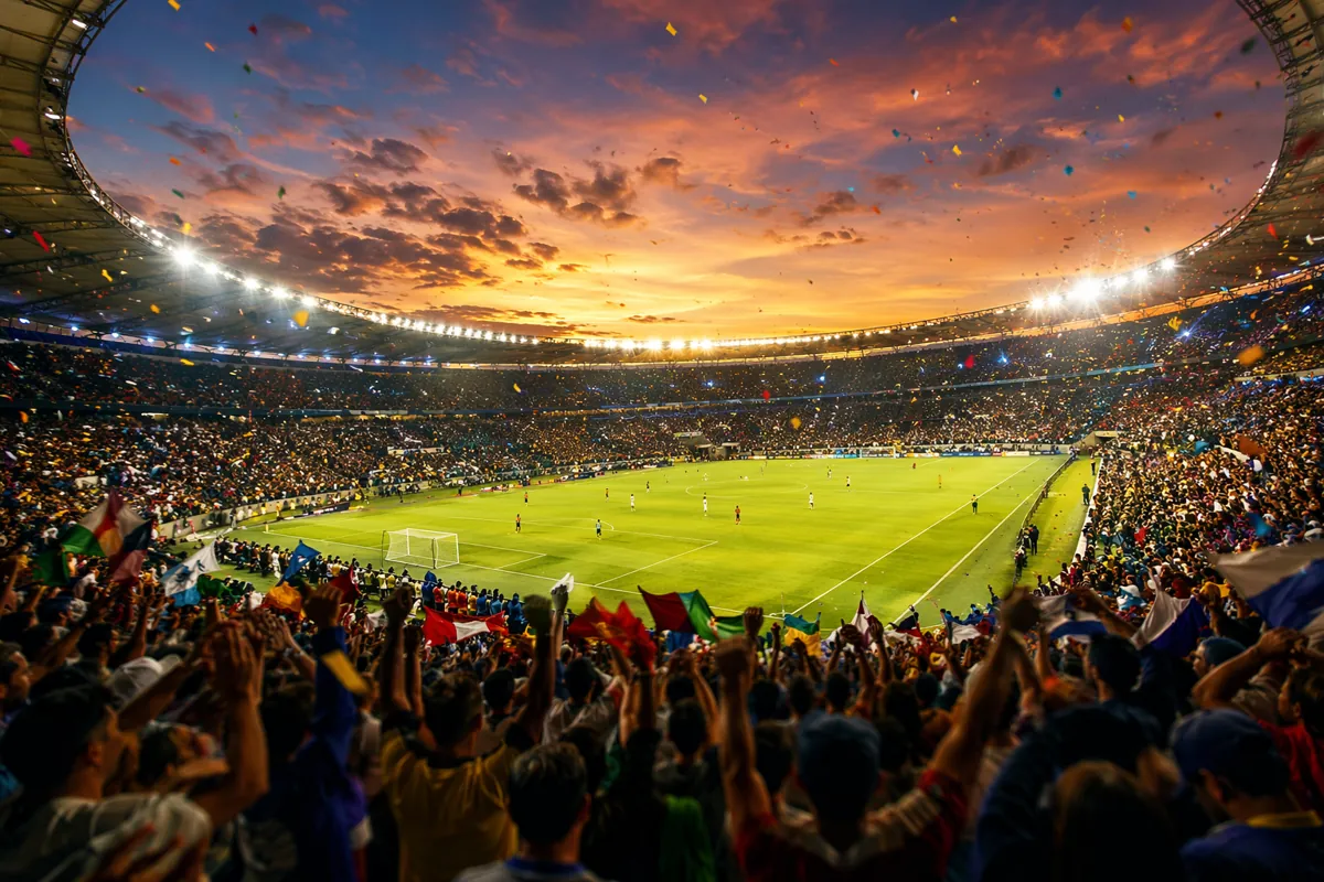 Wide shot of a vibrant World Cup football stadium at dusk, golden light illuminating the g
