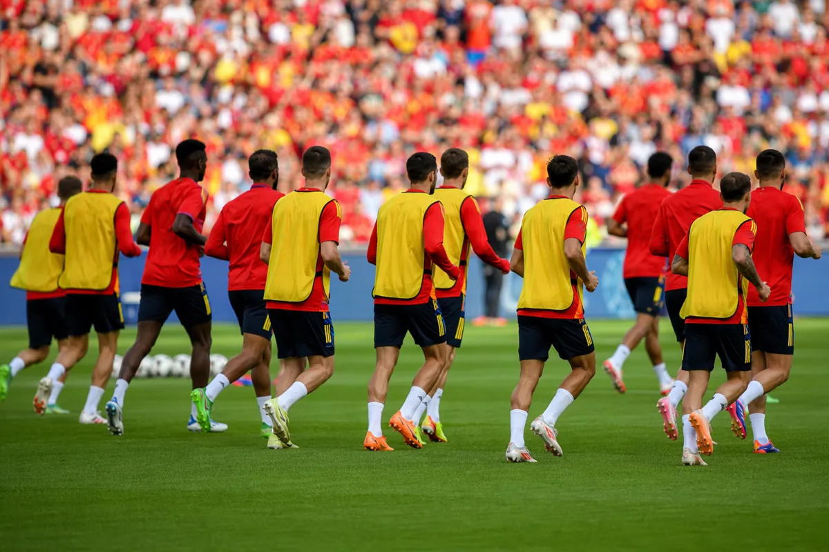 Wide shot of a football team wearing red and yellow jerseys training on a green profession