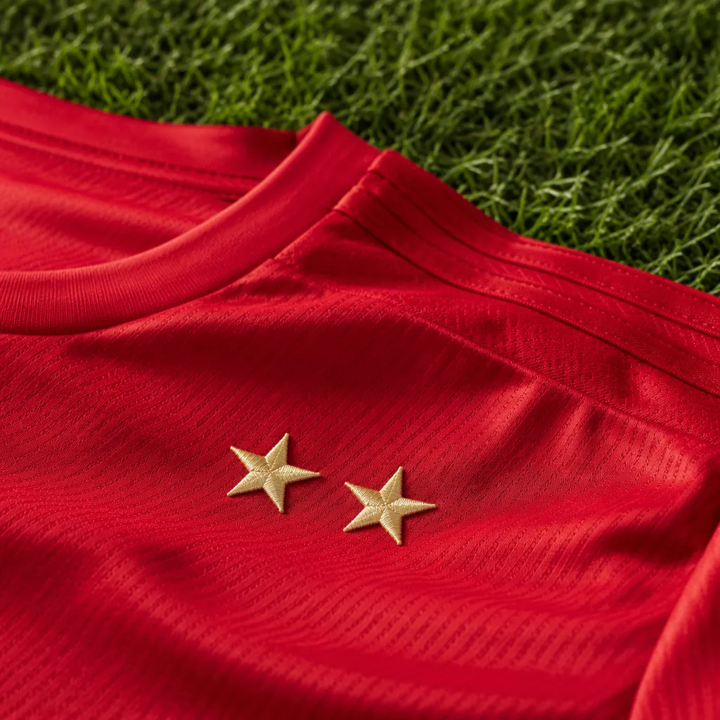 Close up shot of a red football jersey with two gold stars on the chest, placed