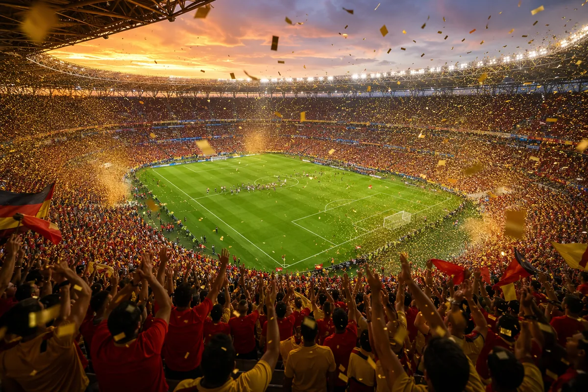 Wide shot of a packed World Cup final stadium at dusk, golden confetti falling over the gr
