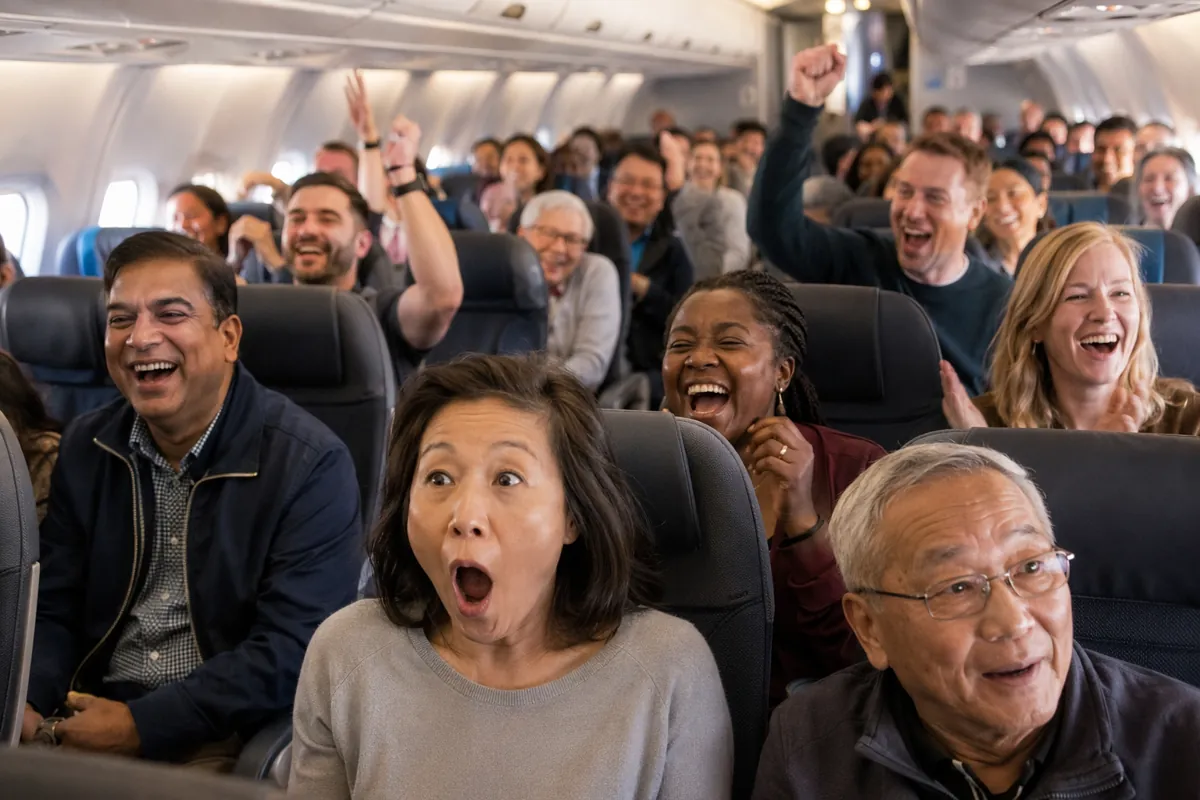 Inside a commercial airplane cabin, diverse passengers of different ages and nationalities