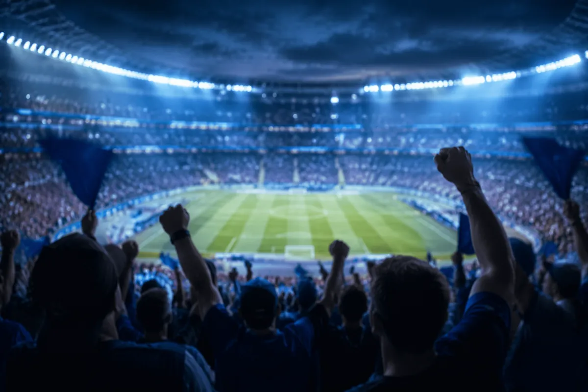 Professional editorial news header image, blurred wide shot of a World Cup style football
