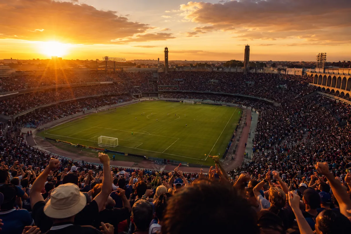 Wide shot of a historic international football stadium filled with cheering fans during go
