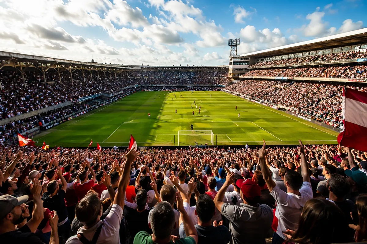 Wide shot of a historic, sunlit football stadium packed with cheering fans, green grass pi