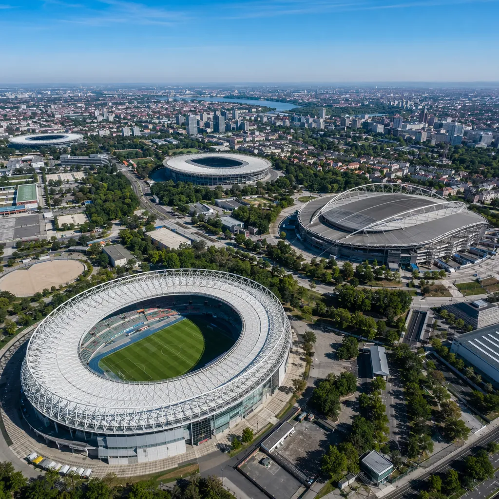 Aerial view of multiple large football stadiums in a city landscape, no visible