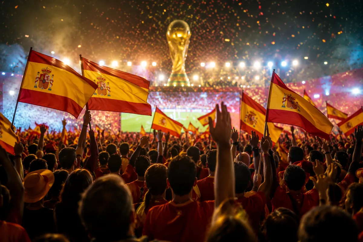 Wide shot of a vibrant World Cup viewing party with fans waving Spanish national flags, go