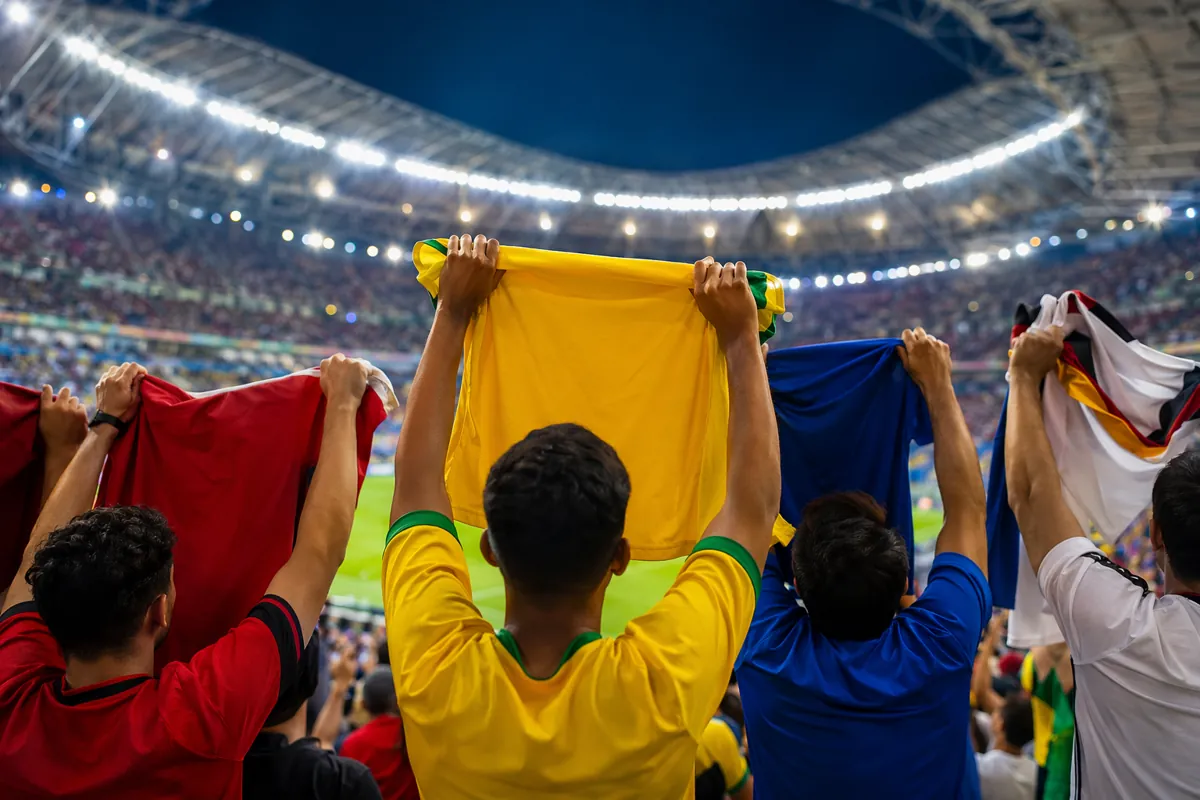 Excited football fans cheering in a World Cup stadium, holding national team jerseys, brig