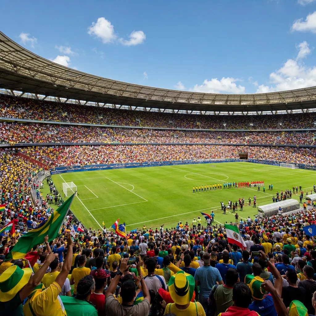 Wide shot of a packed football stadium during a pre-World Cup friendly match, vi