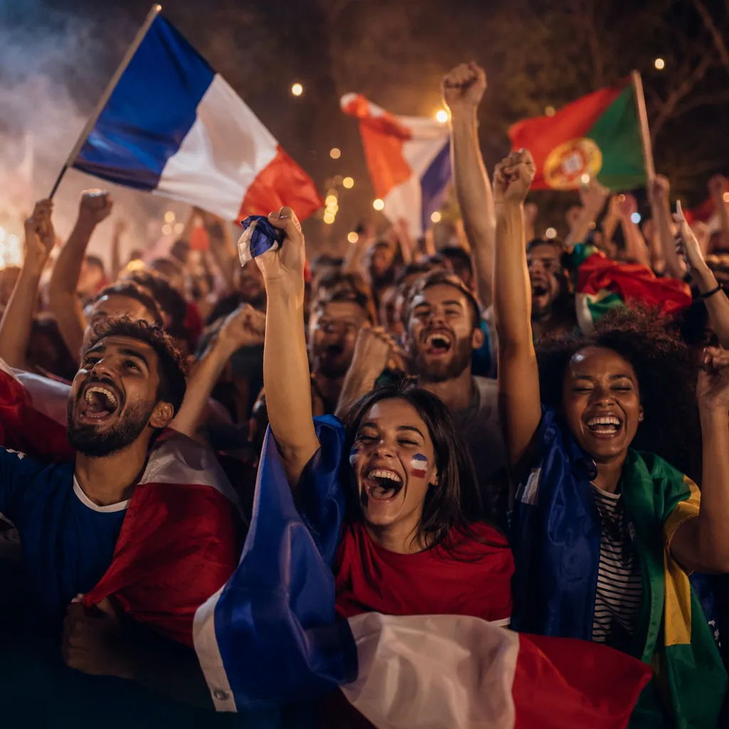 Group of fans celebrating a goal in a public viewing party, waving national flag