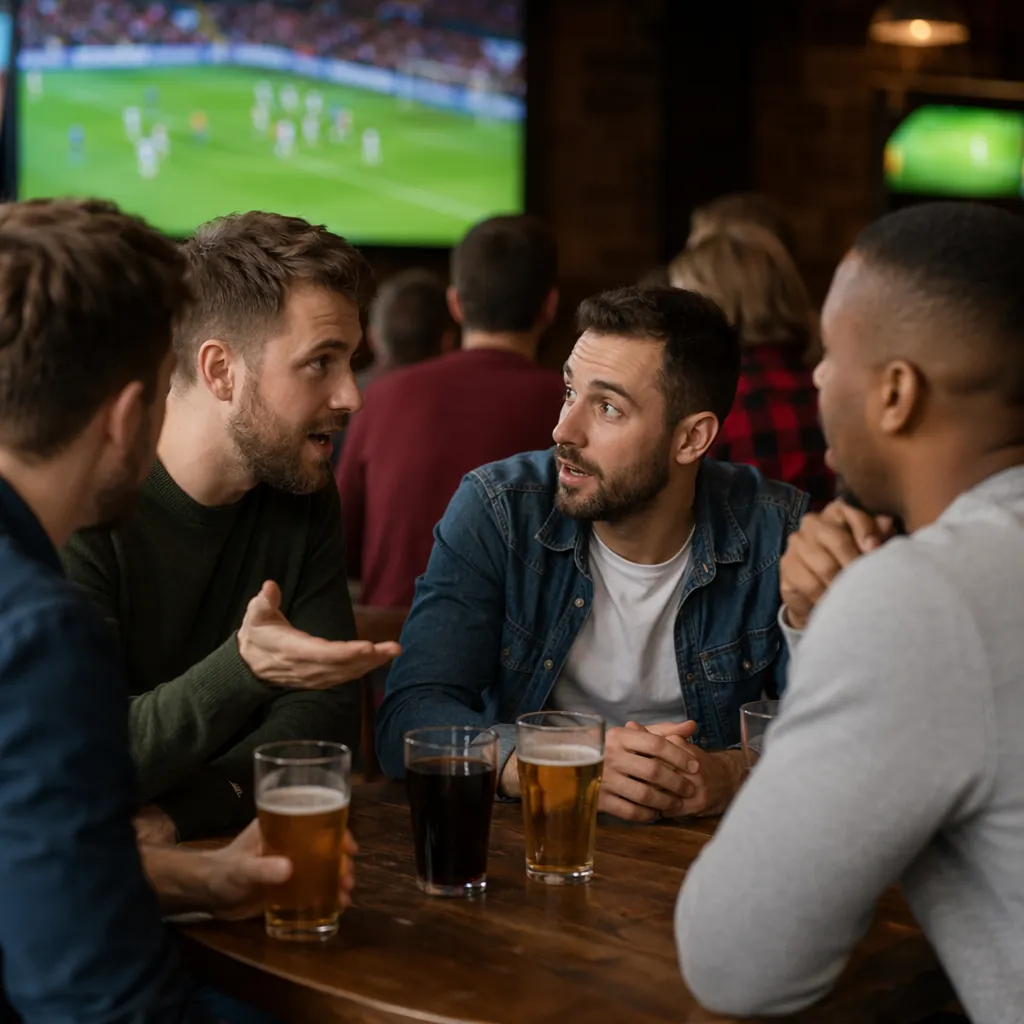 Group of anonymous football fans discussing match predictions in a casual sports