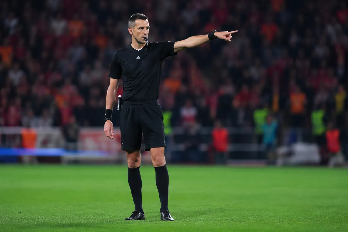 Professional football referee standing on green soccer field, blurred background with chee
