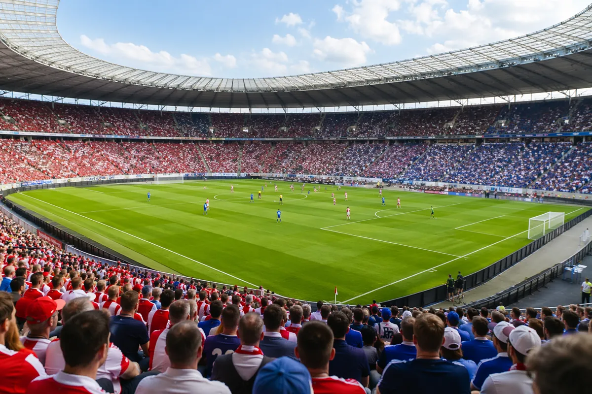 Wide shot of a professional football stadium during a daytime friendly match, vibrant gree