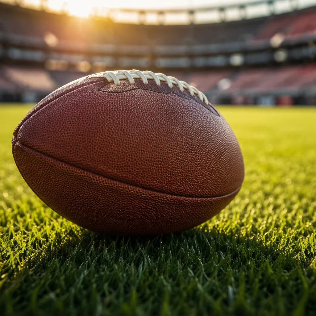 Close up of a standard football resting on green grass pitch, blurred stadium ba