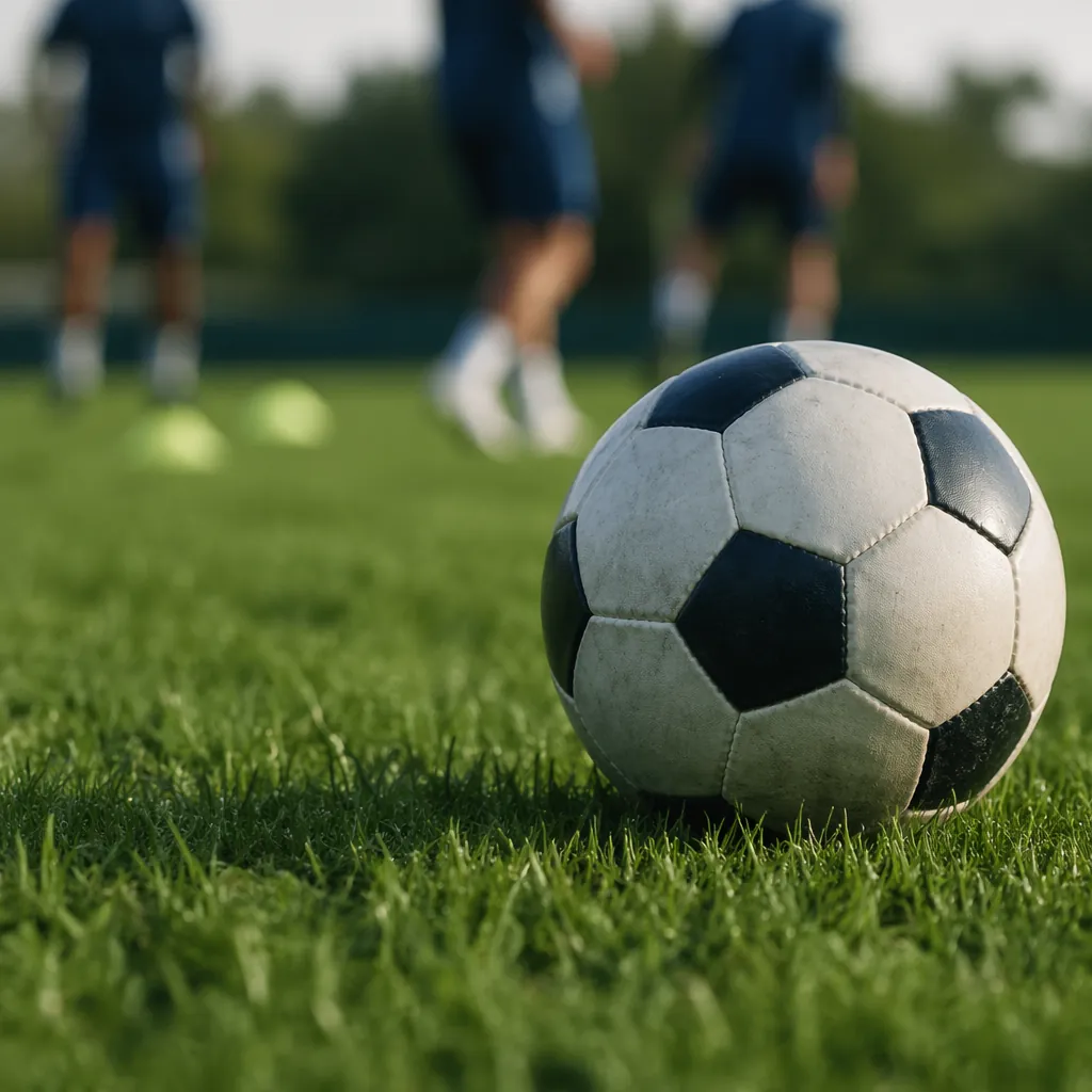 Close up of a football on the grass of a training pitch, blurred players trainin