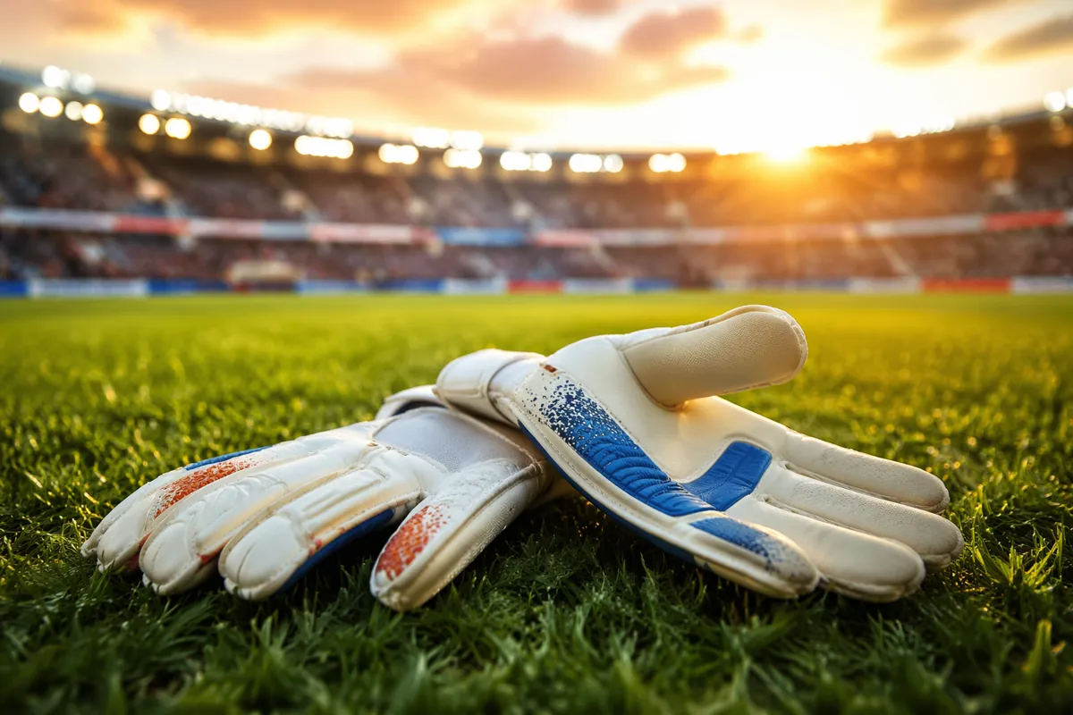 A pair of professional football goalkeeper gloves laid on the green grass of a world cup s