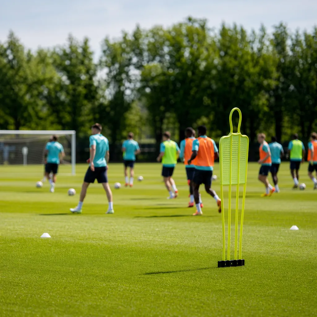 High quality editorial sports image, wide shot of a football training ground wit