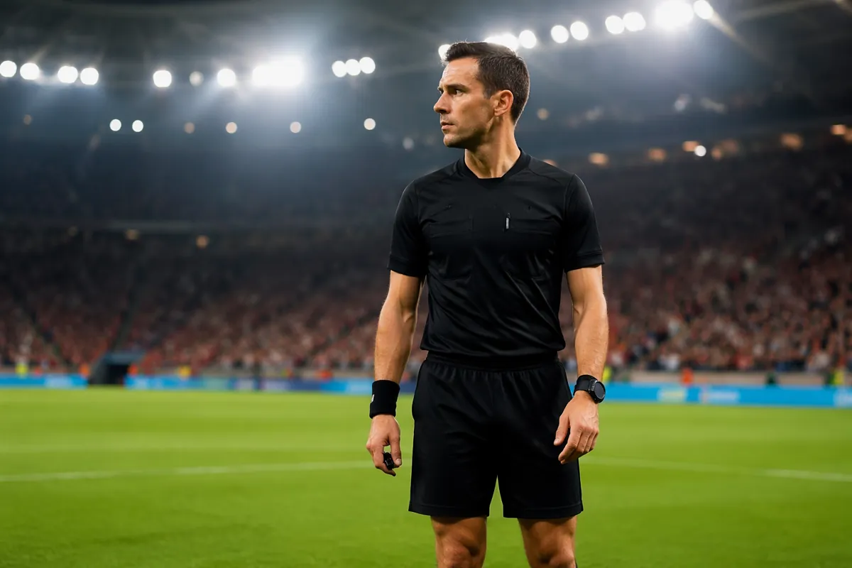 Professional football referee in black uniform standing on green World Cup football pitch,