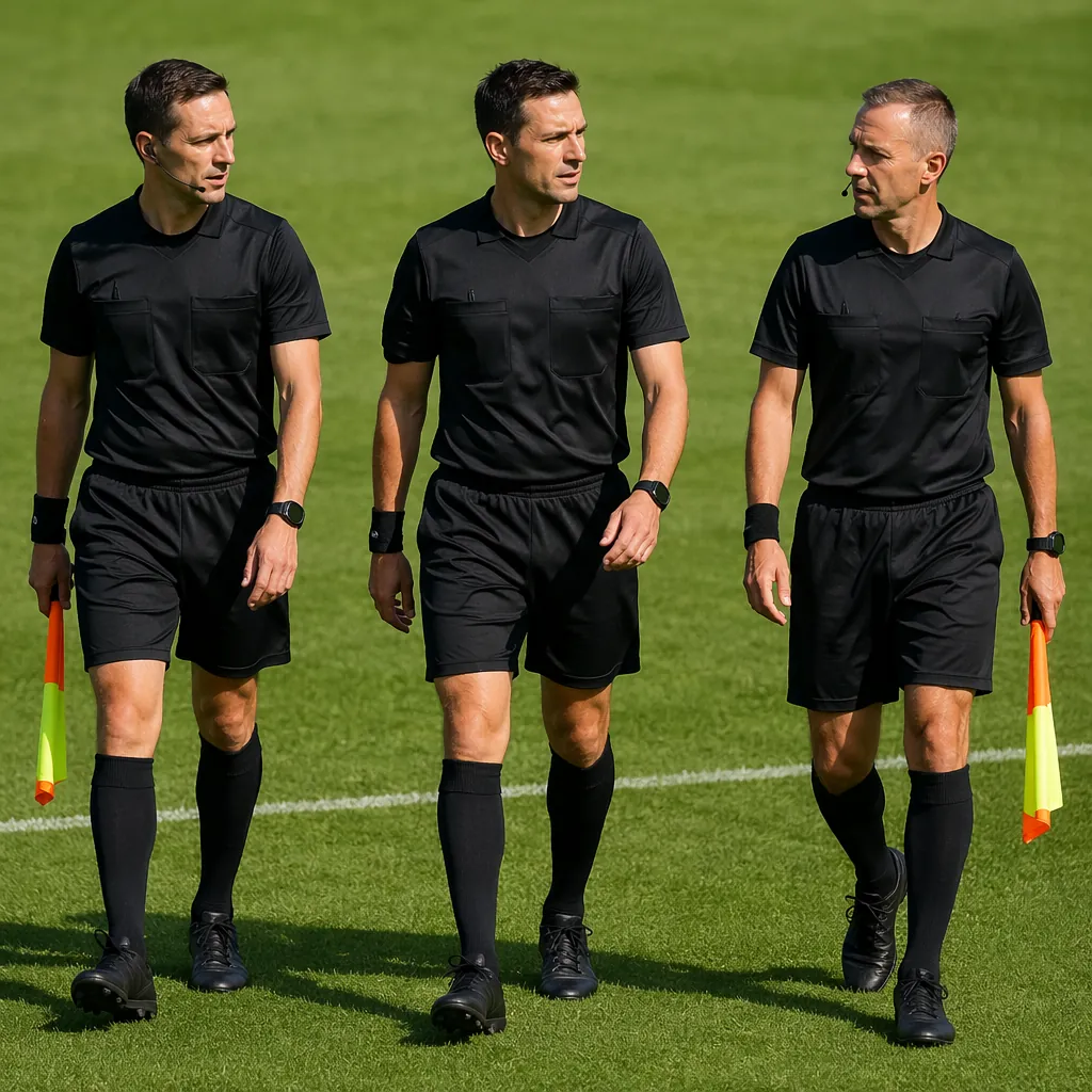 Three football referees in black uniforms walking side by side on green football