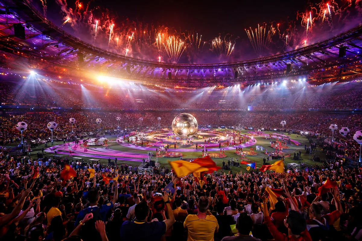Vibrant World Cup closing ceremony atmosphere scene, packed stadium with cheering fans, br