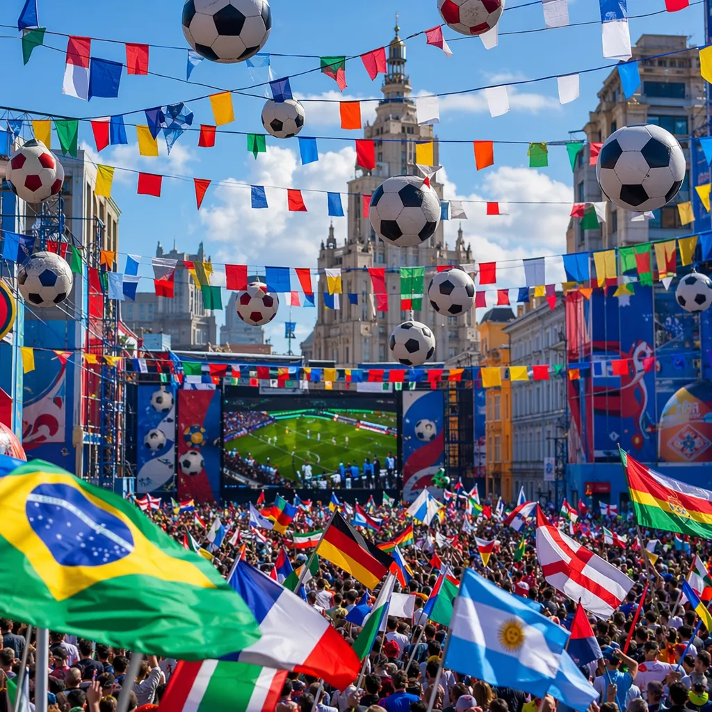 Colorful football fan zone in World Cup host city, crowds of fans waving nationa