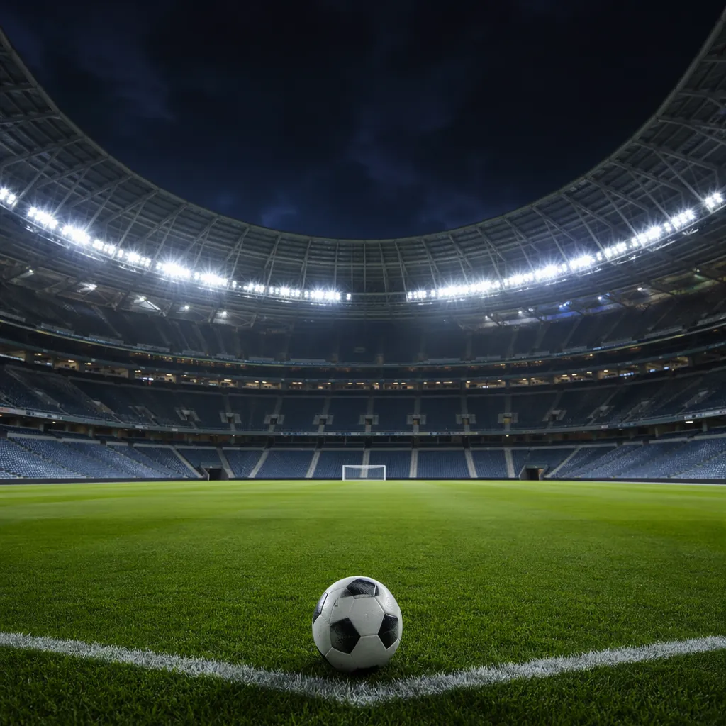 Modern World Cup football stadium interior at night, glowing field lights, empty