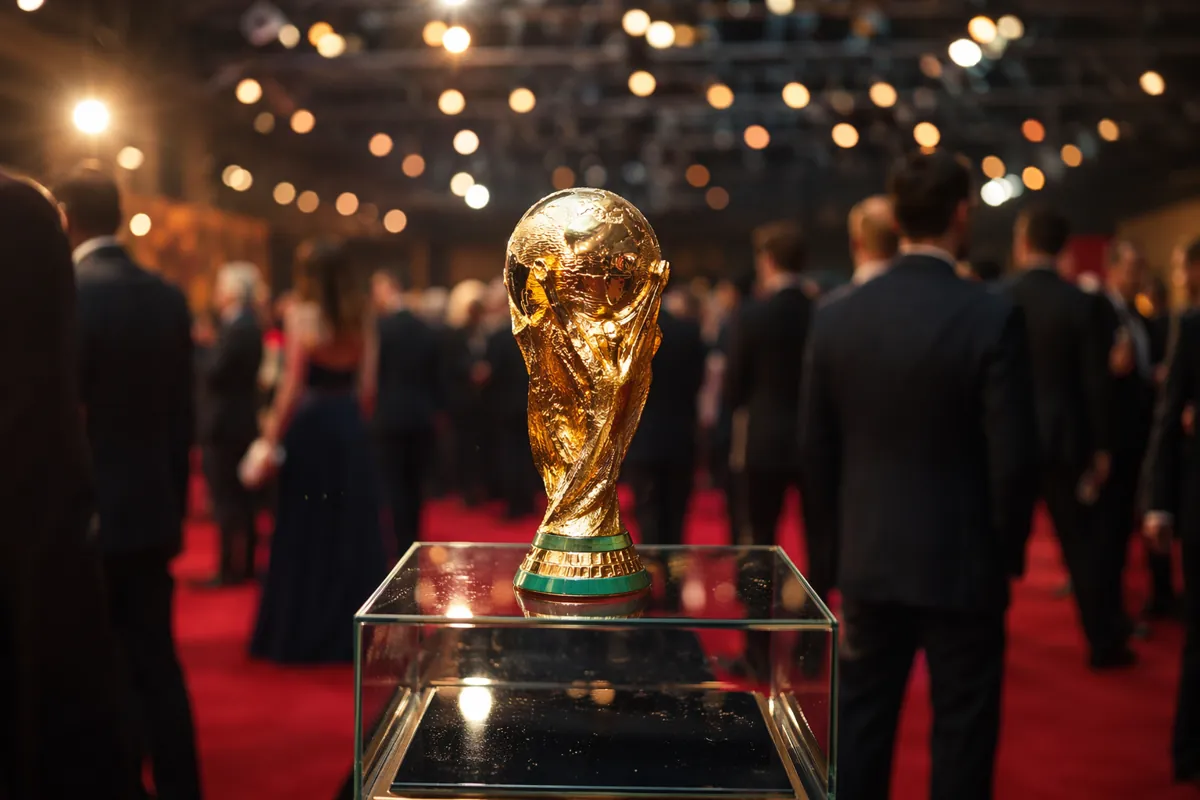 Elegant red carpet event for international sports gala, dim warm lighting, blurred silhoue