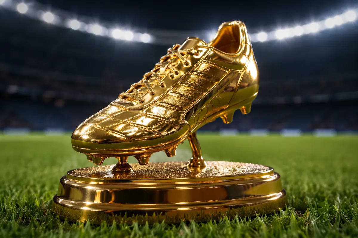Professional sports news header image, close-up of a golden football boot trophy placed on