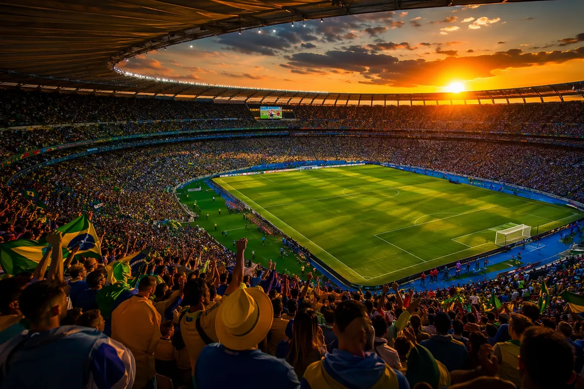 Wide shot of a packed world cup football stadium at sunset, vibrant cheering crowd in the