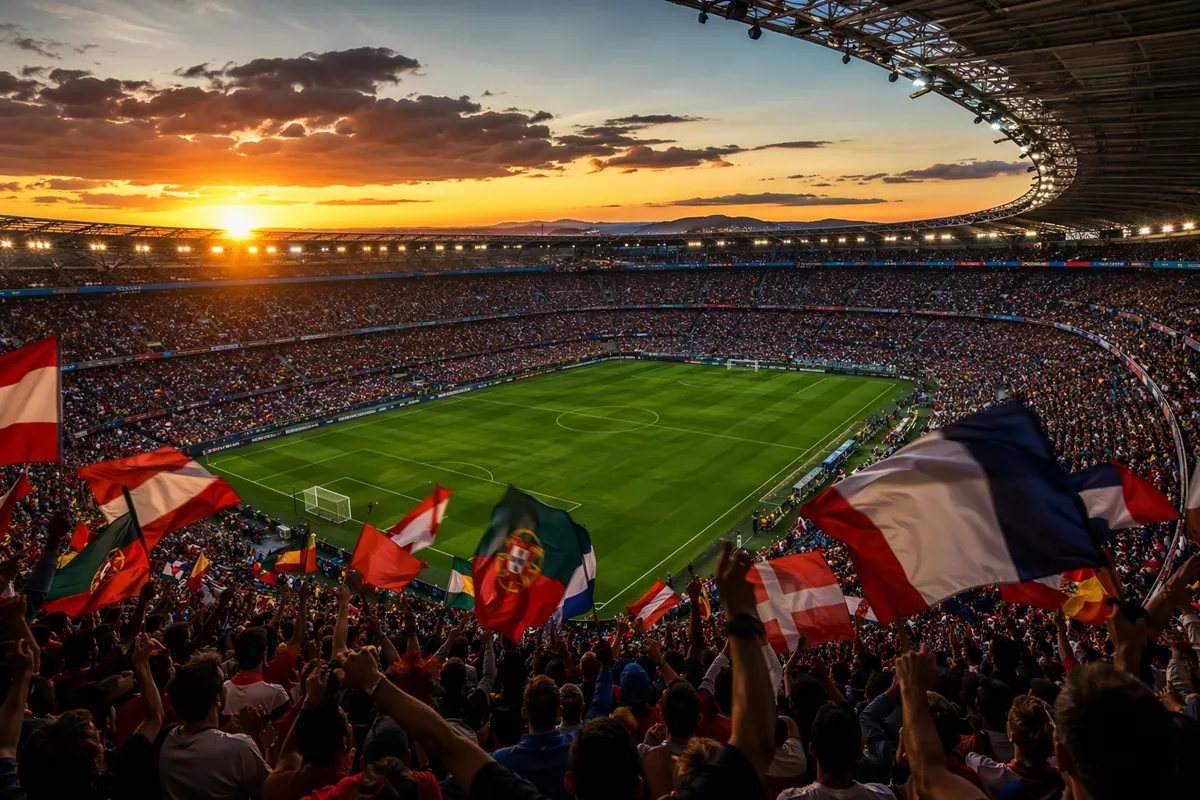 Wide shot of a packed modern football stadium at dusk, golden sunset light over the stands