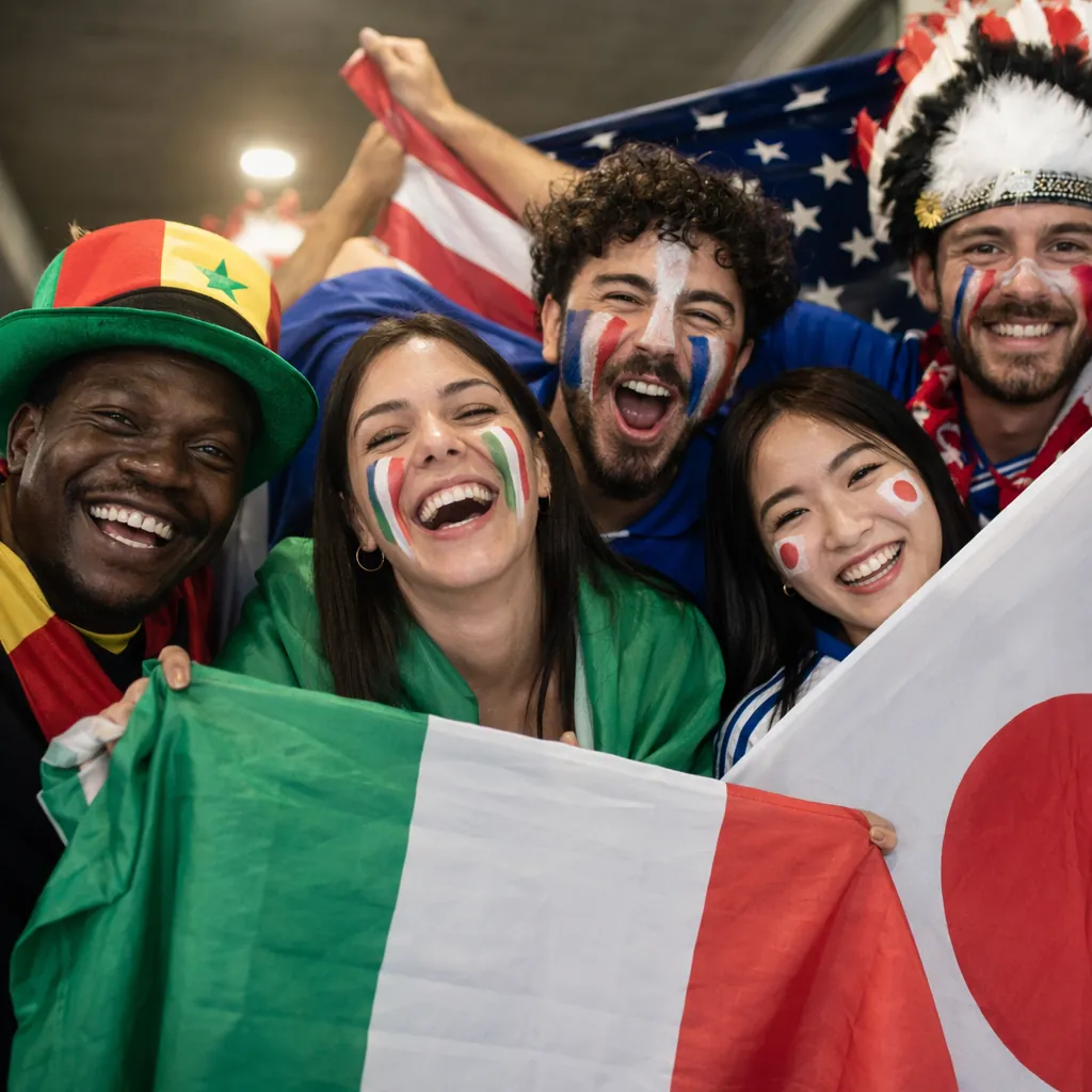 Close up of diverse football fans from different countries holding national flag
