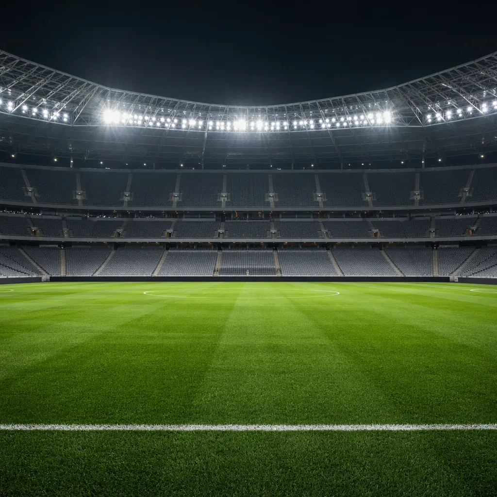 Wide shot of a well-maintained green football pitch under bright stadium lights,