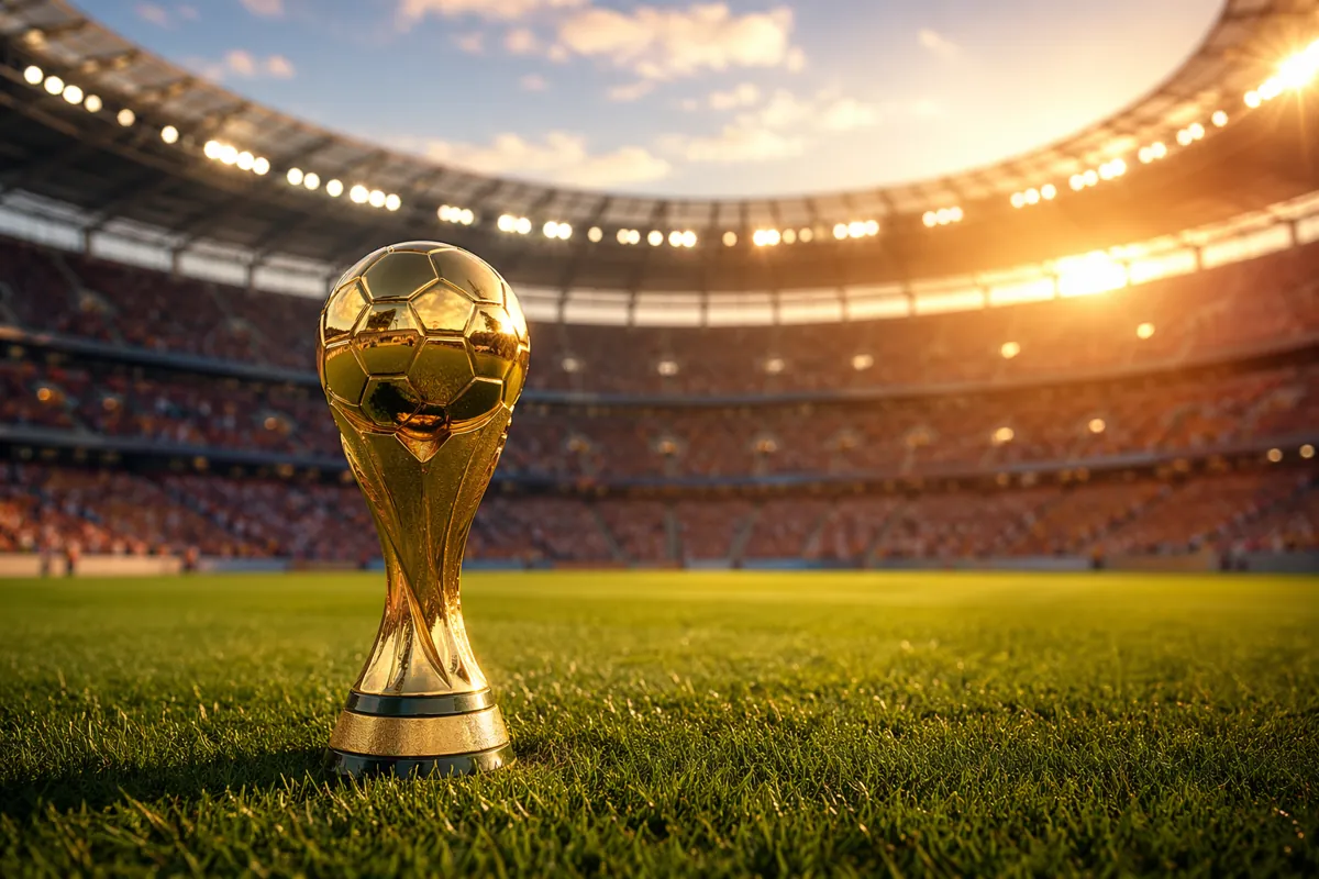 Wide shot of a golden football trophy placed on a well-maintained green grass pitch, blurr