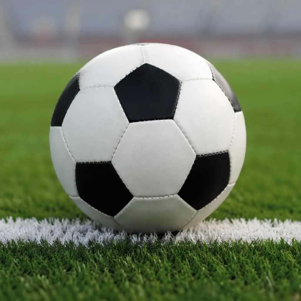 Close up shot of a traditional black and white football resting on the white goa
