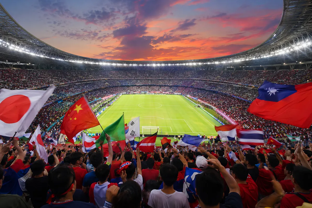 Panoramic shot of a FIFA World Cup football stadium at dusk, with cheering Asian football