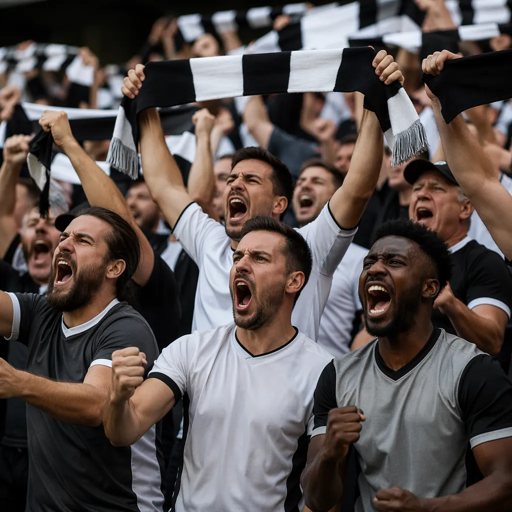 Group of generic soccer fans wearing neutral colored jerseys cheering, holding s