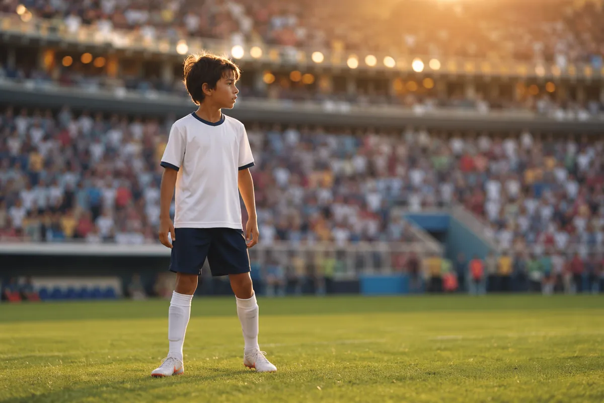 Wide shot of a youth football player wearing generic unbranded kit standing on a world cup