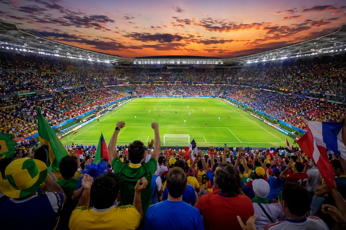 Wide shot of a generic soccer stadium at dusk, filled with cheering fans wearing colorful
