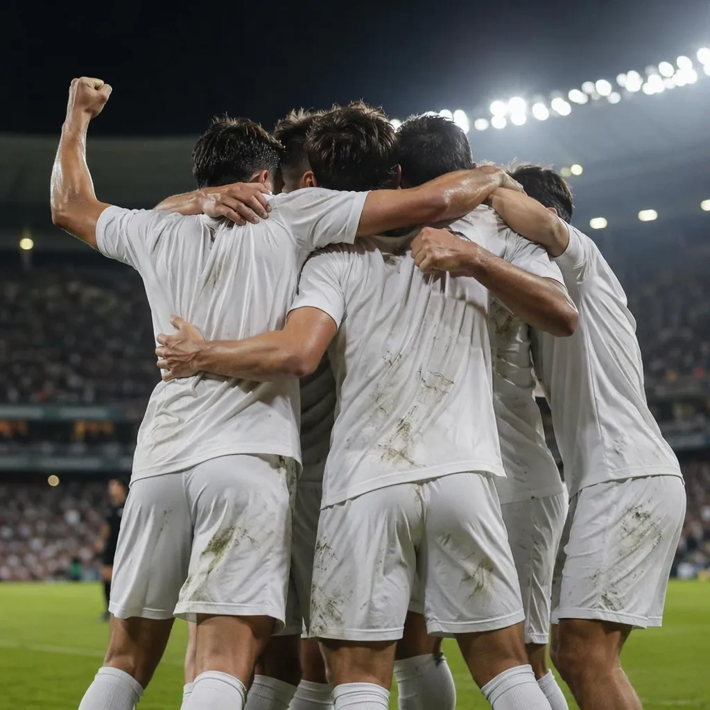 Group of generic soccer players in unbranded jerseys celebrating a goal on the f