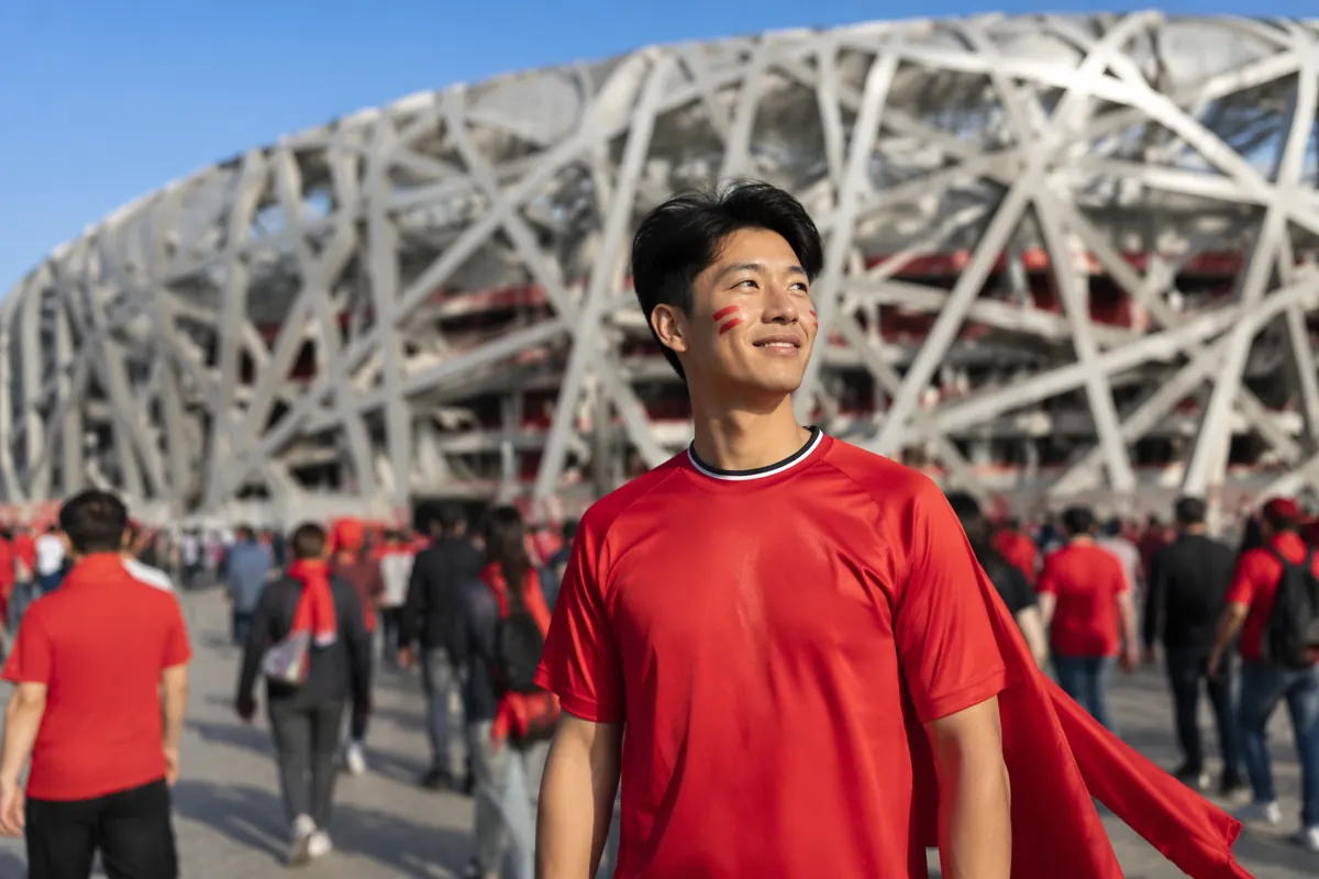 Wide shot of a Chinese male fan wearing a plain red football jersey, standing outside a mo