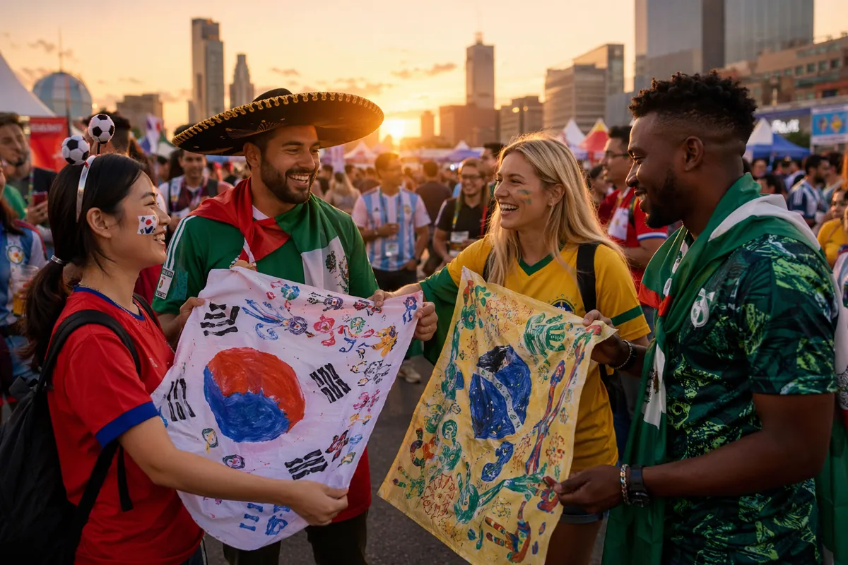 Wide shot of diverse international football fans gathering at an outdoor fan festival in a