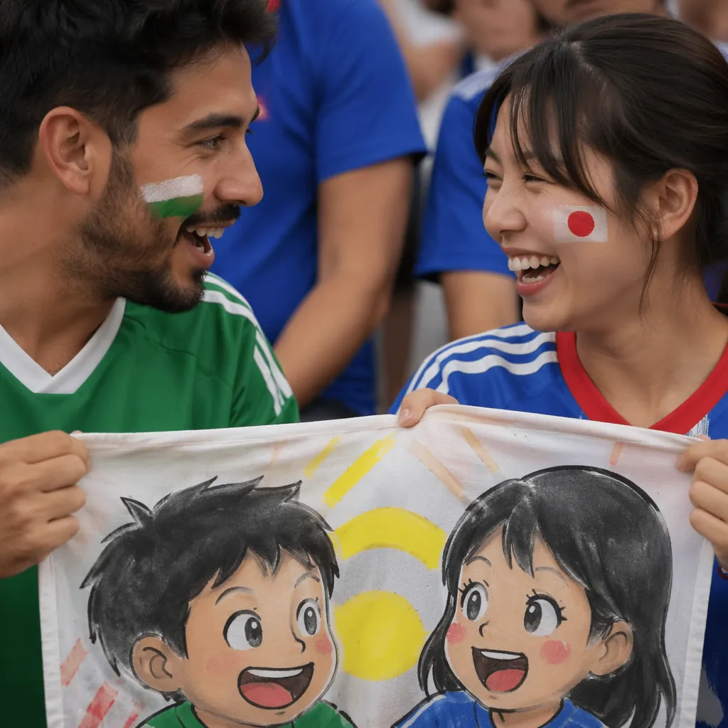 Close up of two fans wearing different national team jerseys exchanging a hand-p