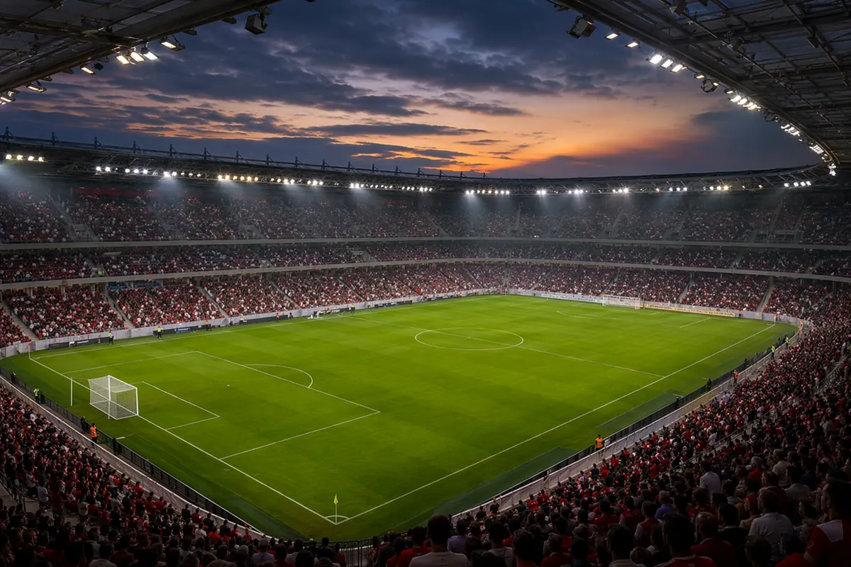 Wide shot of a generic soccer stadium at dusk, empty green pitch under bright floodlights,