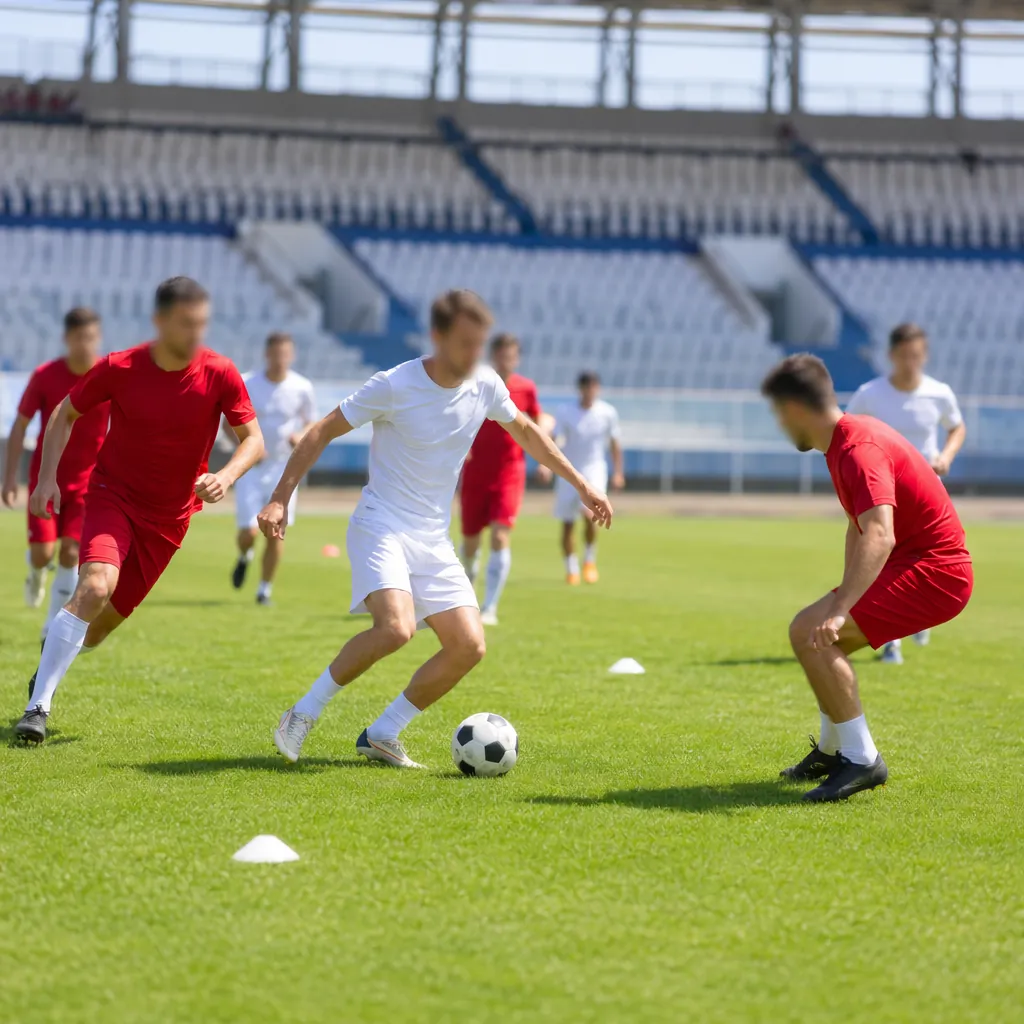 Wide shot of generic soccer players in red and white jerseys training on a sunny