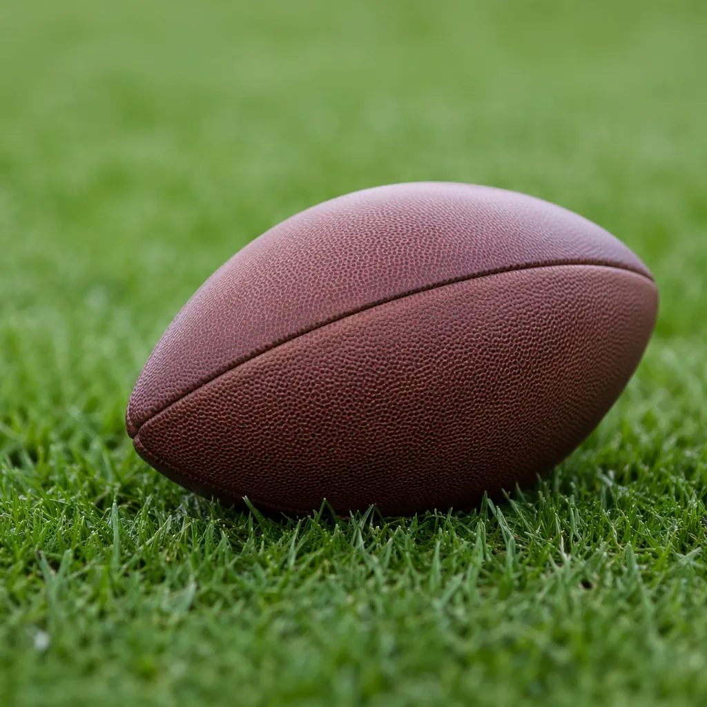 Close up shot of a generic football resting on the green grass of a football pit